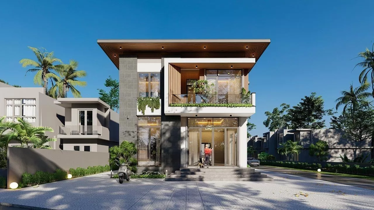 Mẫu nhà sân vườn 2 tầng vuông 8x8 mái bằng giá rẻ ở nông thôn