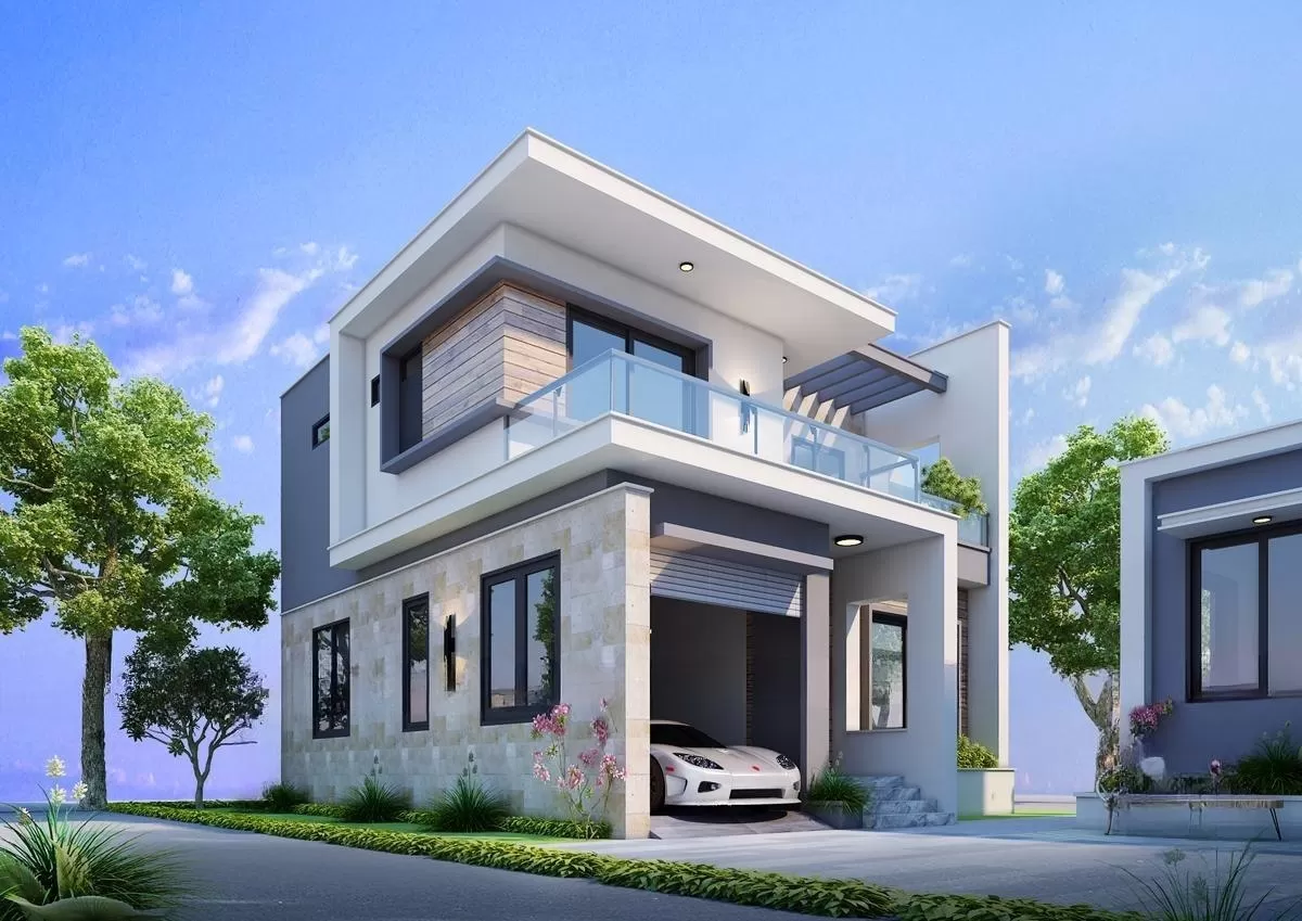 Mẫu nhà 2 tầng mái bằng có gara với chi phí tiết kiệm