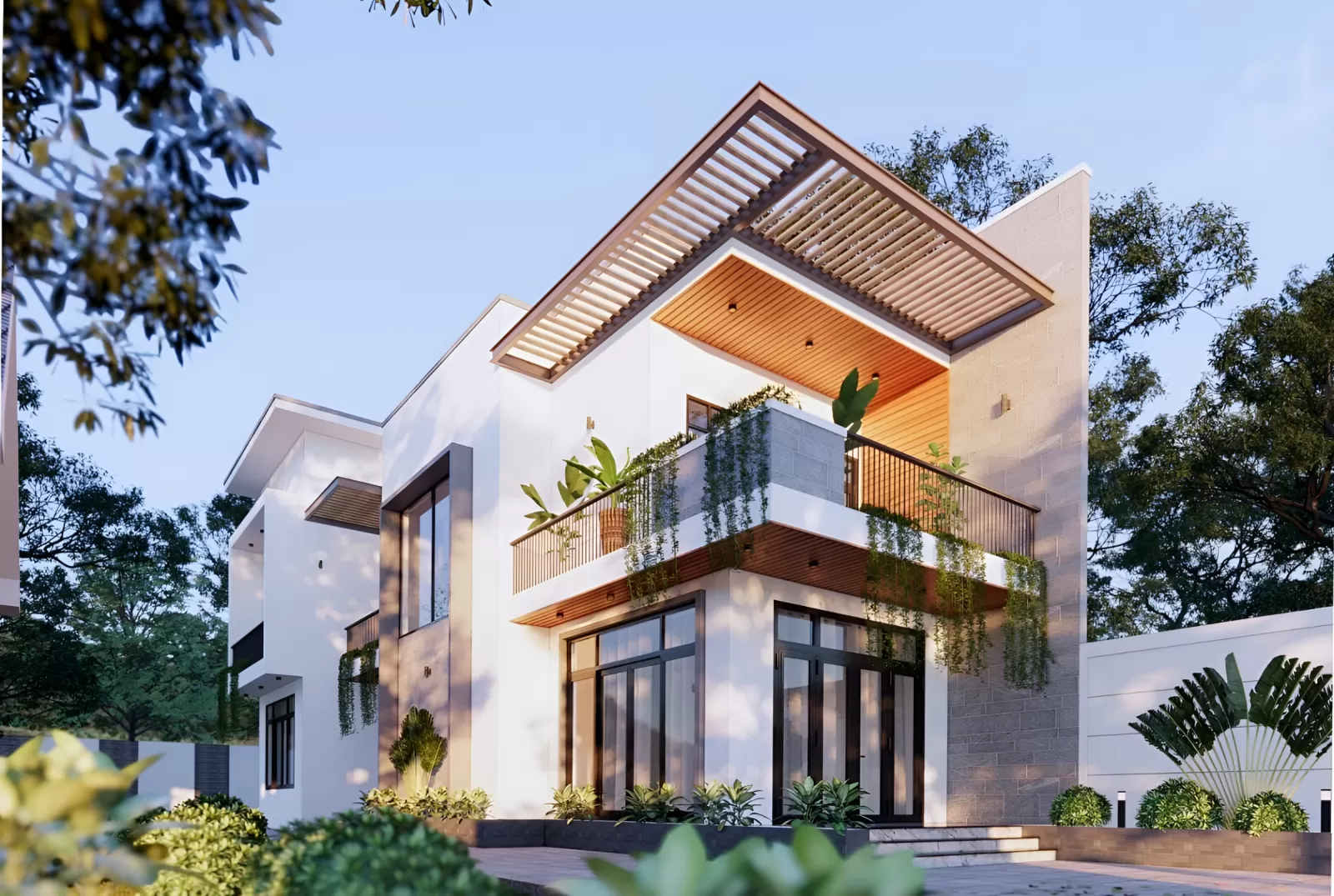 Hoàn thiện nhà ống 2 tầng mái bằng giá rẻ ốp đá mặt tường