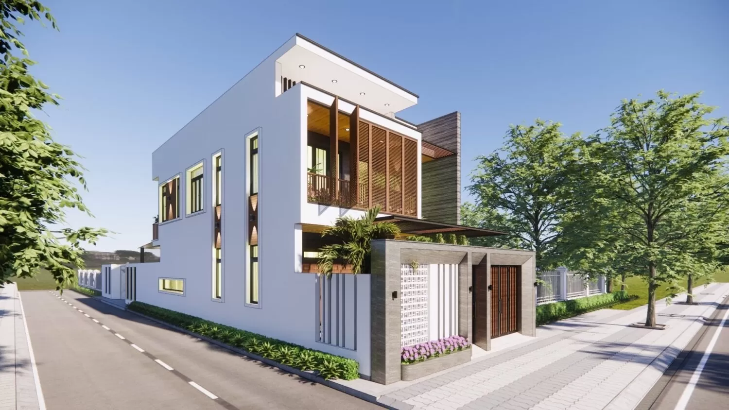 Nhà 2 tầng mái bằng đơn giản màu trắng có gạch bông gió và cửa gỗ