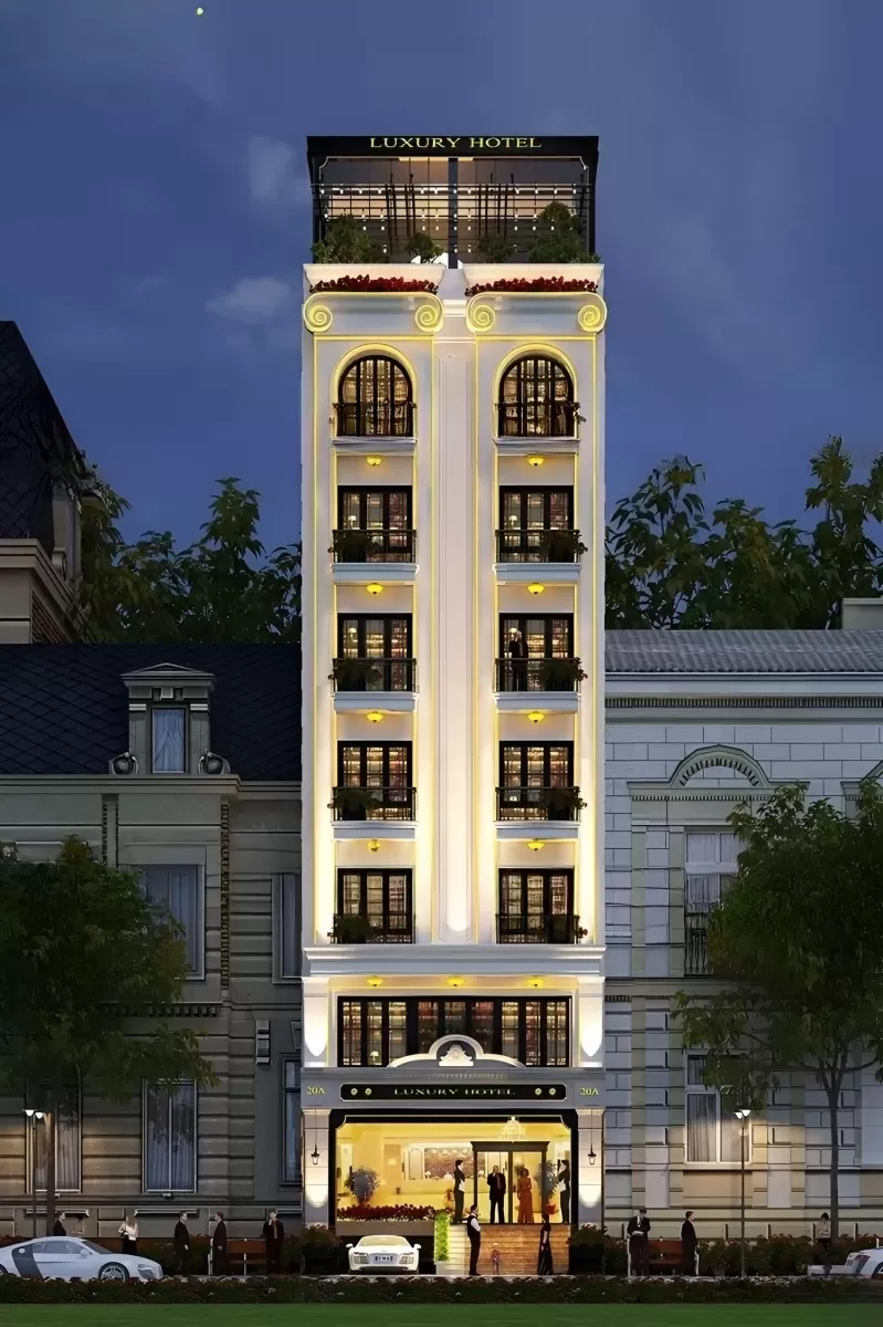 Thiết kế khách sạn mini 7x20 là công trình khách sạn cao tầng kiên cố được xây dựng trên một lô đất mặt tiền 7m, chiều sâu 20m