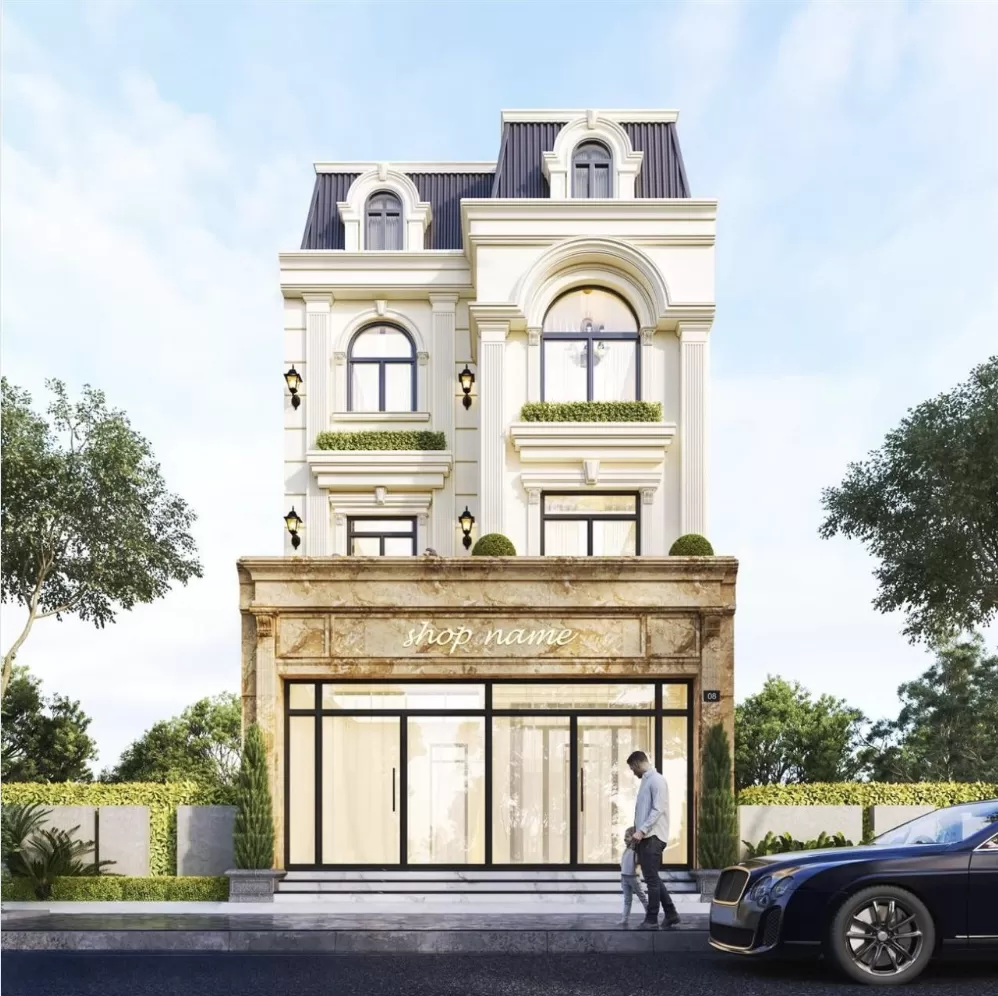 Mẫu thiết kế nhà 7x20 vừa ở vừa kinh doanh kiểu tân cổ điển