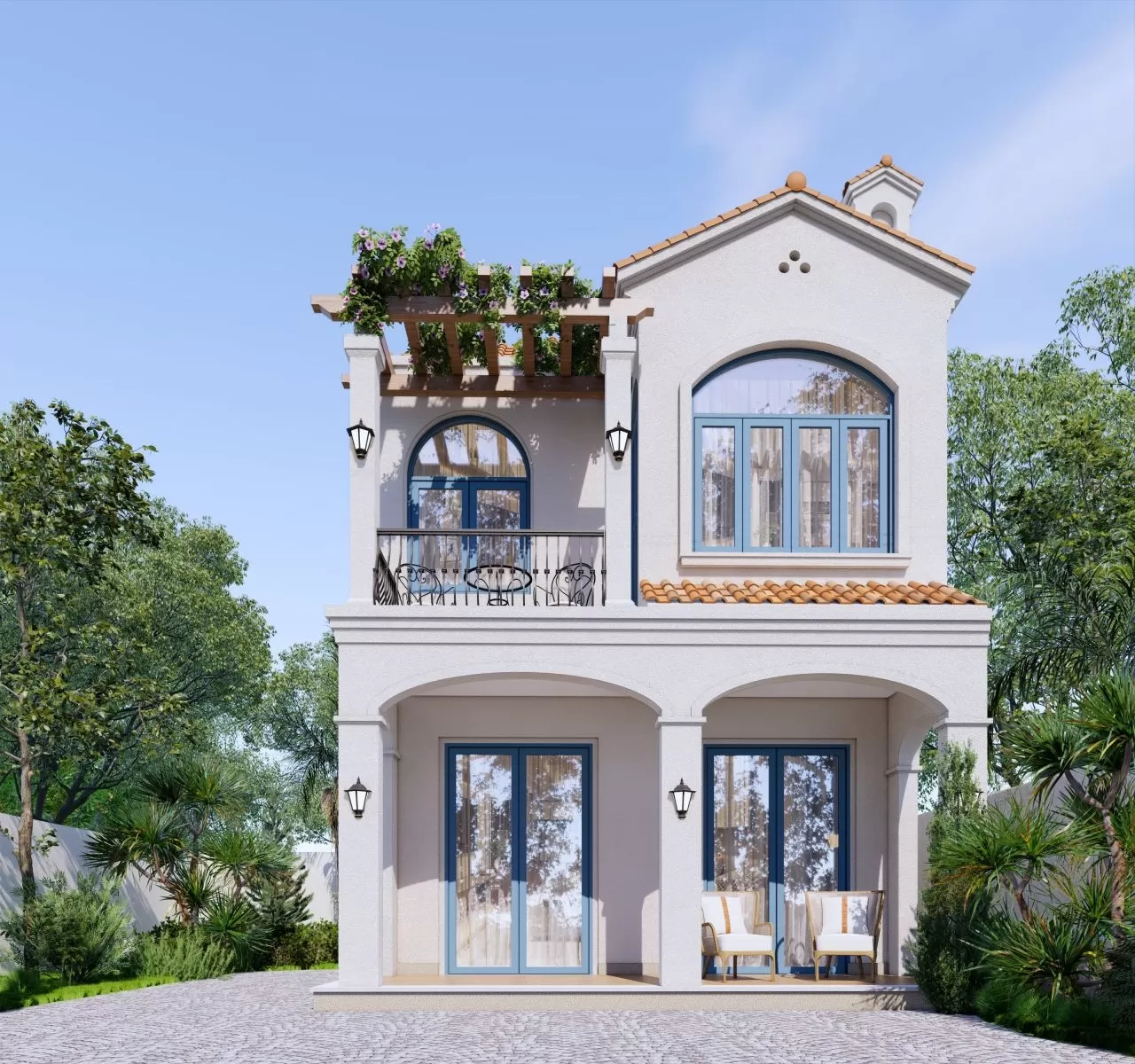 Mẫu thiết kế nhà 7x20 vừa ở vừa kinh doanh phong cách Địa Trung Hải
