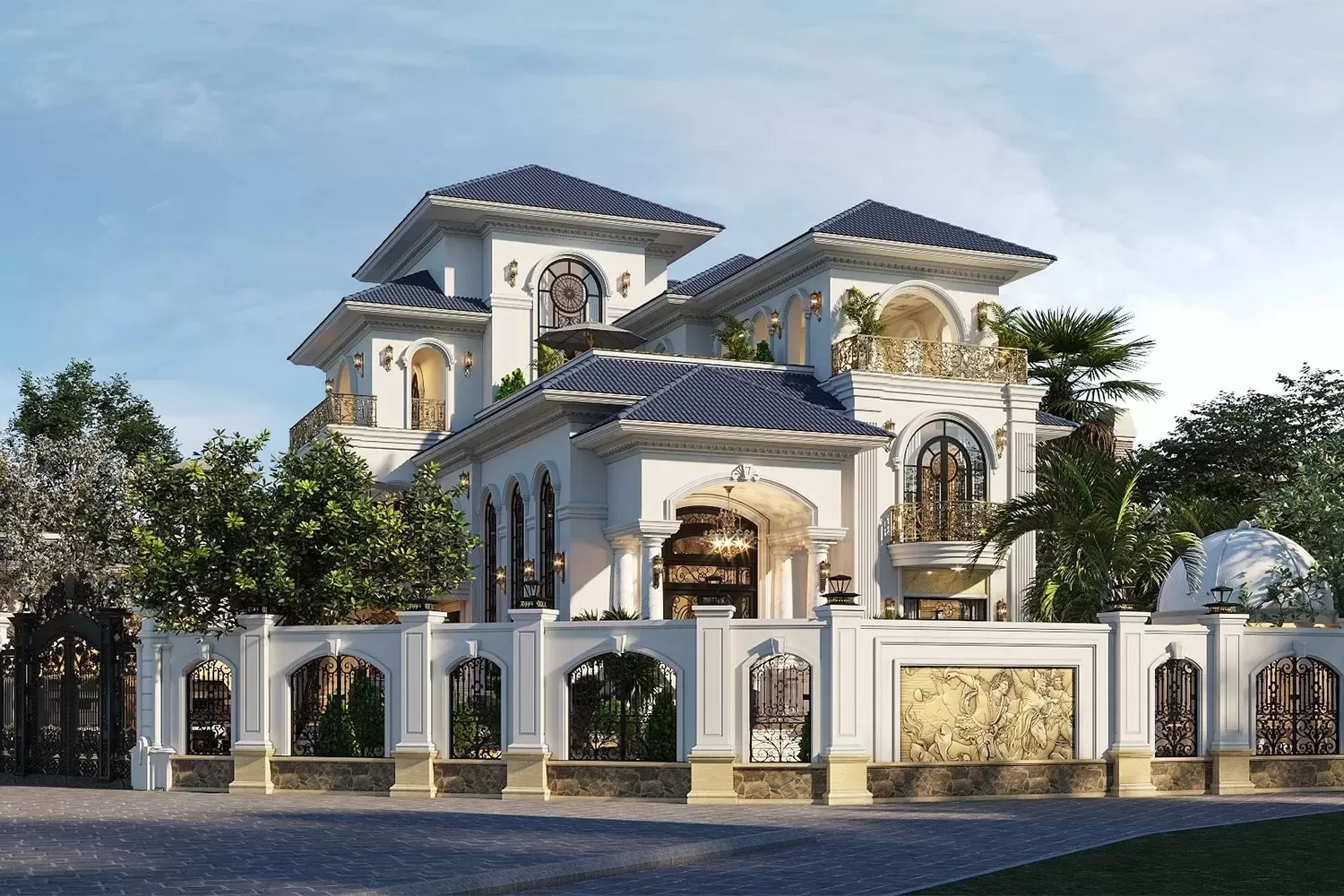 Mẫu tường rào ốp đá granite biệt thự tân cổ điển