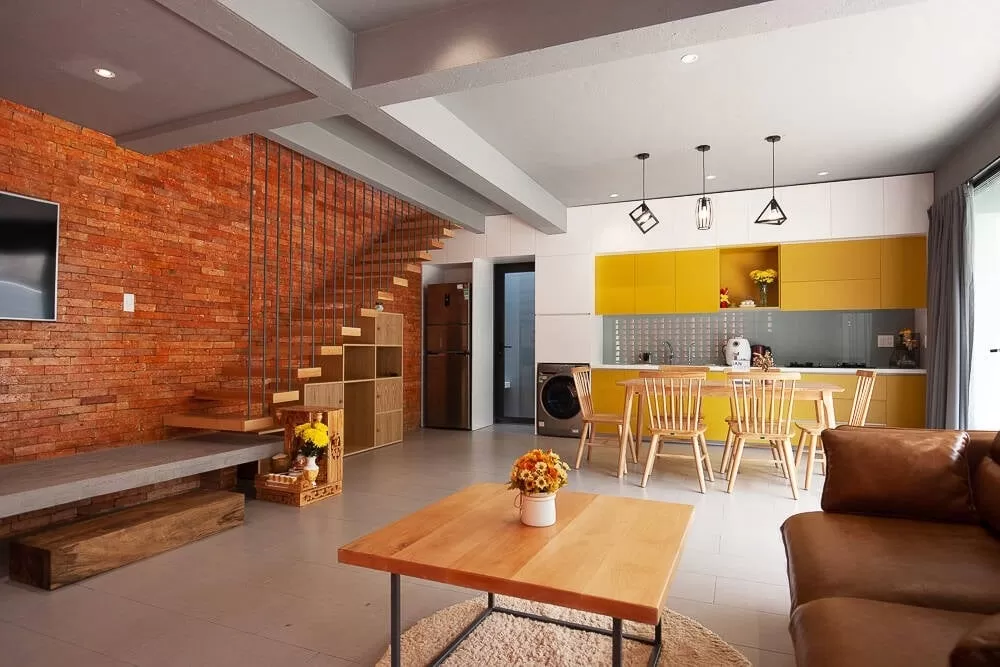 phòng khách tường gạch không trát