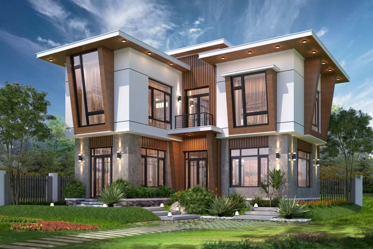 Mẫu biệt thự hiện đại 2 mặt tiền ốp kính