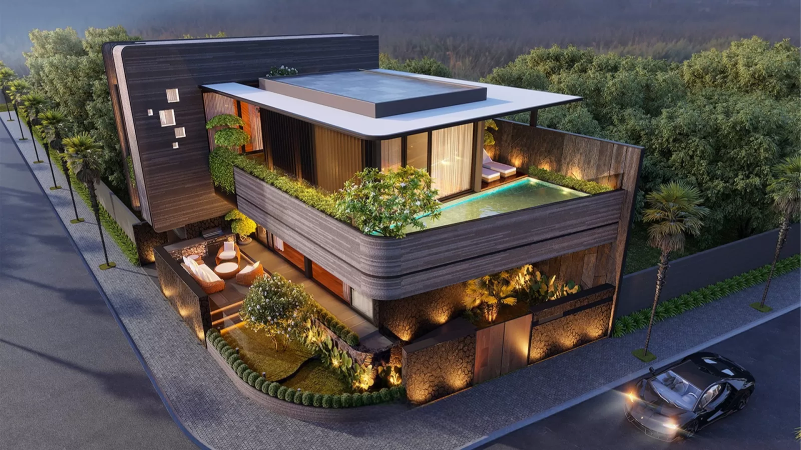 Mẫu biệt thự hiện đại 2 mặt tiền với bể bơi ngoài trời