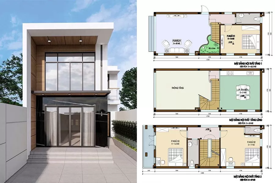 Bản vẽ thiết kế mặt bằng nội thất và hình dựng 3D nhà 1 trệt 1 lầu