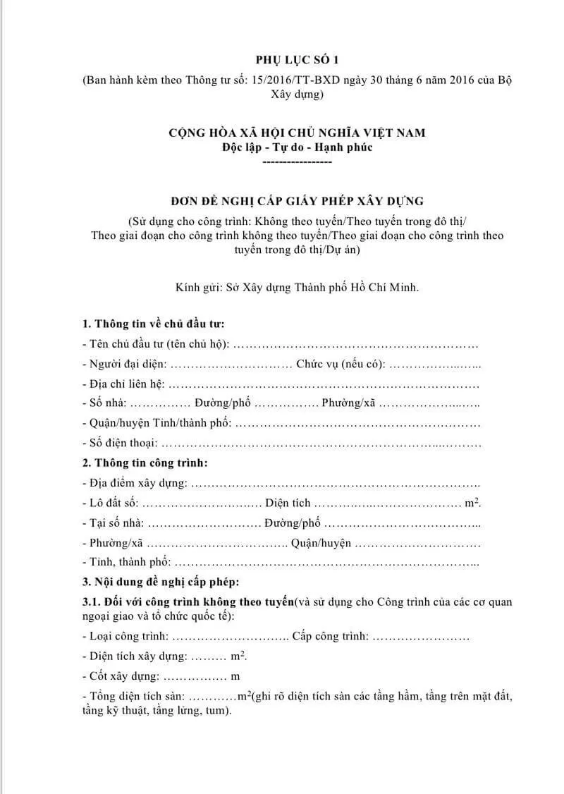 Mẫu đơn xin cấp phép xây dựng nhà ở