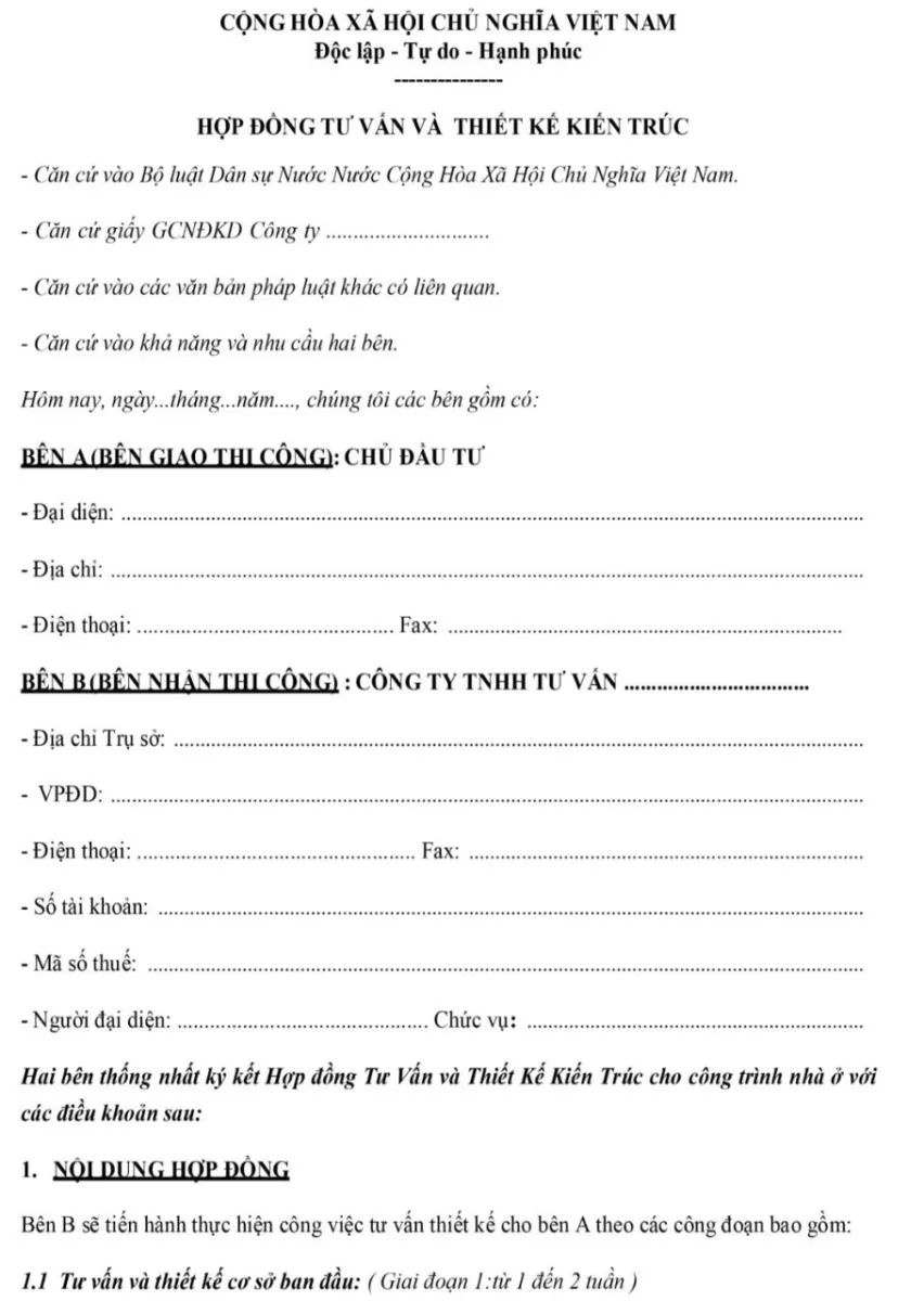 Mẫu hợp đồng thiết kế kiến trúc
