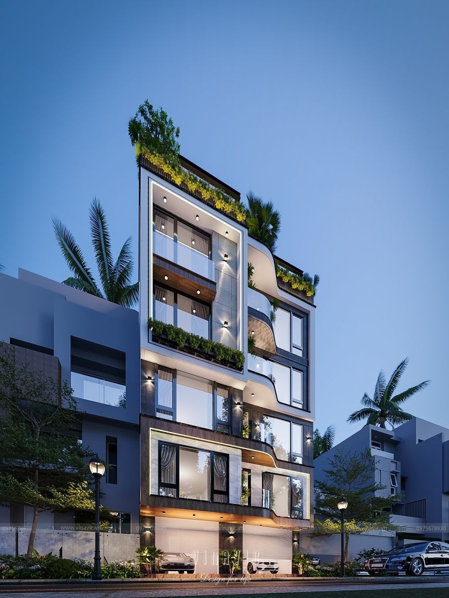 Hệ thống cửa kính và gara mặt tiền biệt thự phố đẹp 5 tầng hiện đại 87m2 mái bằng