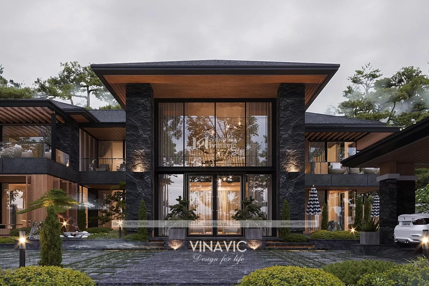 Phối cảnh mặt tiền mẫu nhà biệt thự mái nhật 2 tầng đẹp