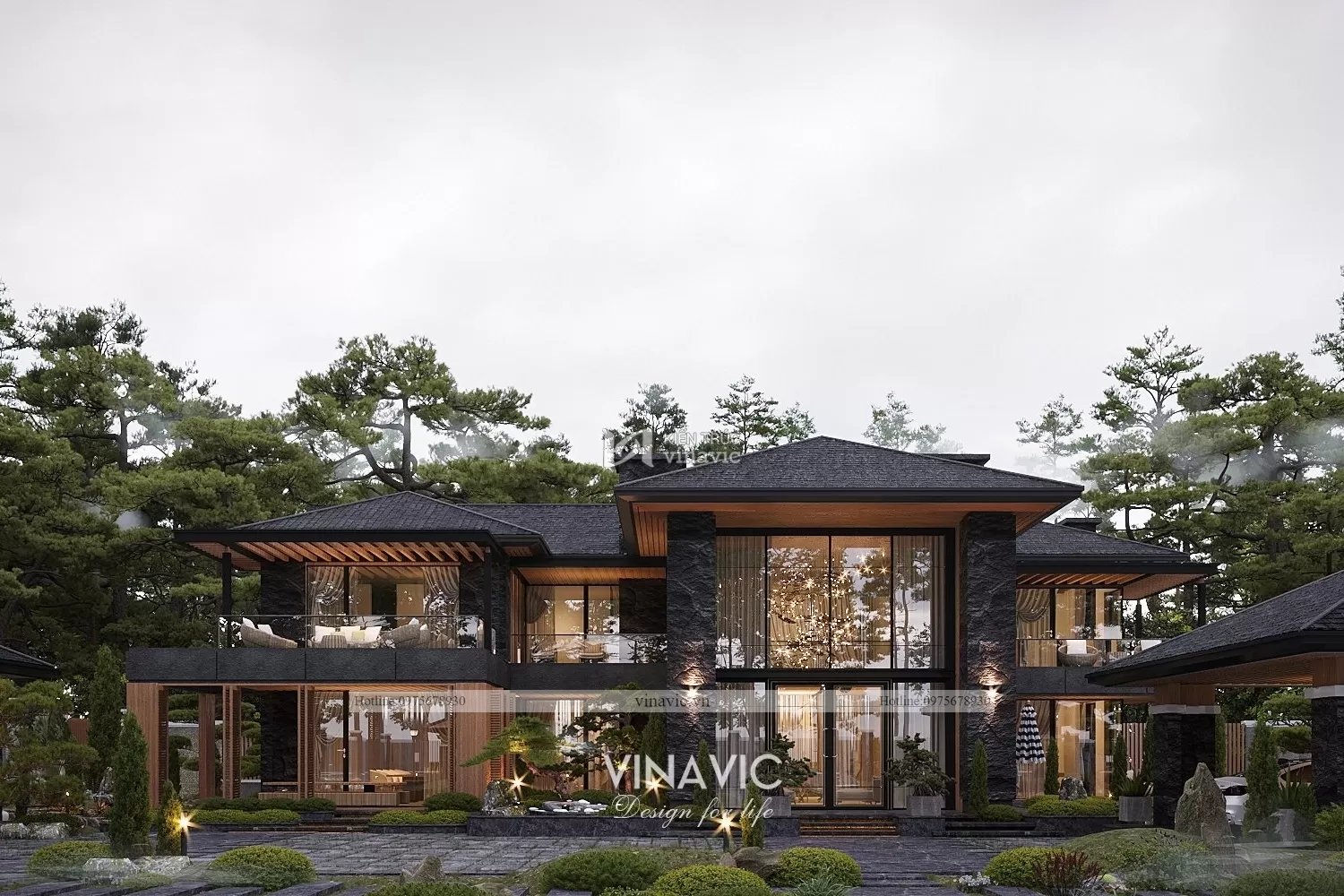 Phối cảnh chính diện thiết kế biệt thự đẹp 2 tầng nâu gỗ nhìn từ xa