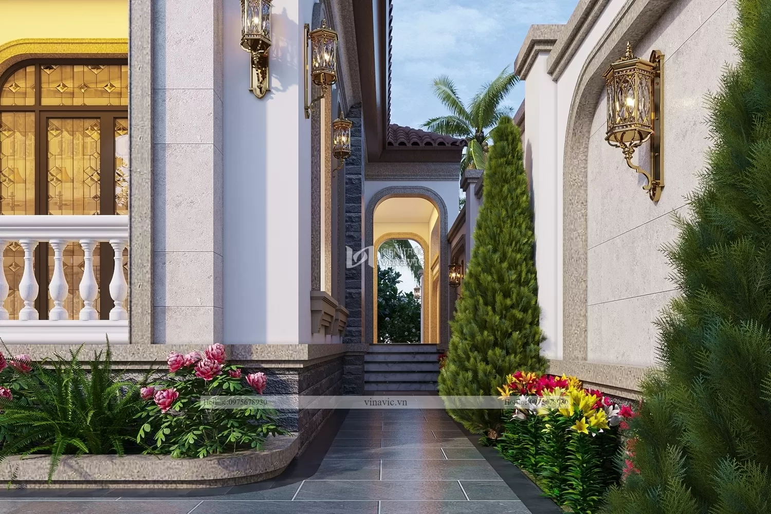 Một góc lối đi lên sảnh phụ căn biệt thự địa trung hải