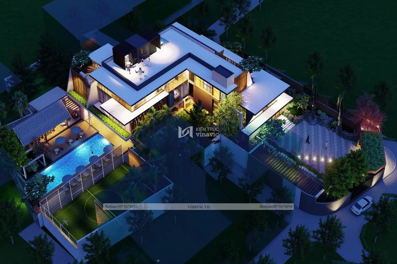 Phối cảnh nhìn từ trên cao mẫu nhà vườn 2 tầng 1 tum có sân bóng và gara