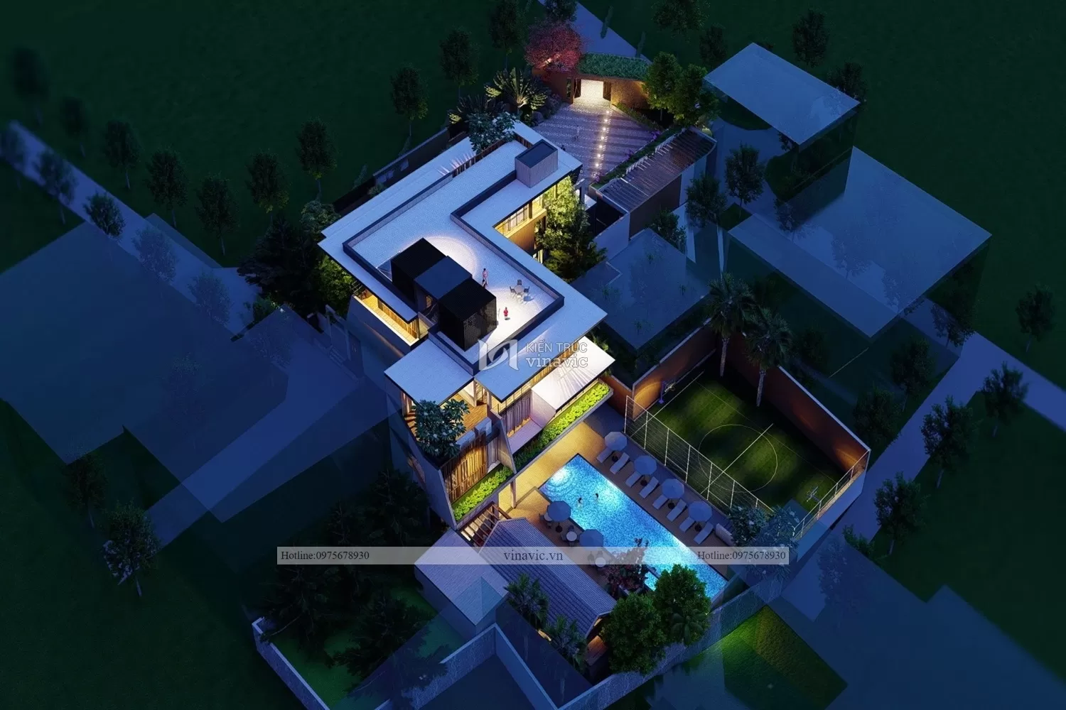 Hình dựng 3D bể bơi biệt thự hiện đại 3 tầng