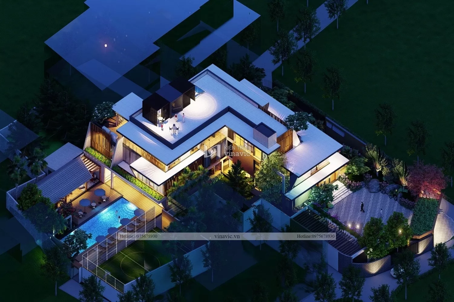 Phối cảnh sân áp mái mẫu biệt thự miệt vườn 3 tầng