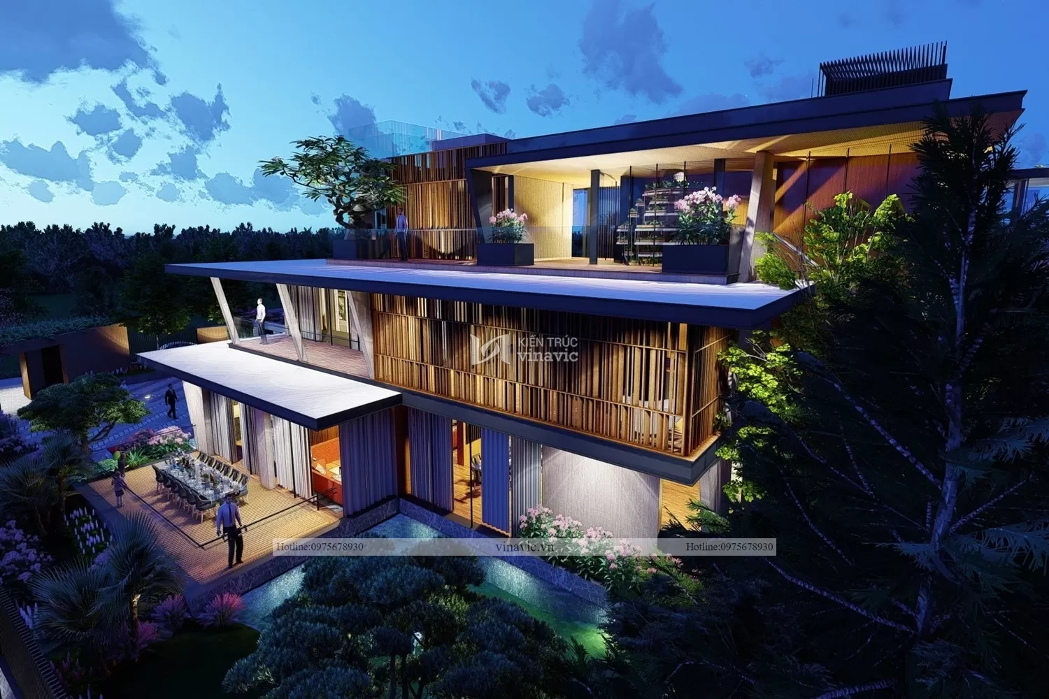 Cận cảnh hồ hoa súng và bàn ăn ngoài trời