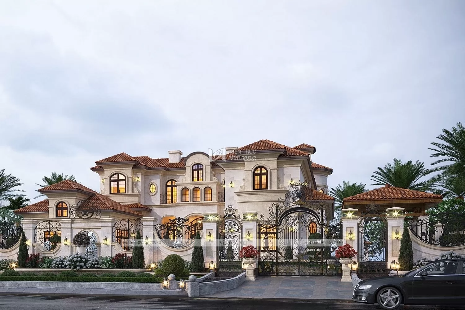 Cận cảnh bộ cổng đúc nhôm và hàng rào trước dinh thự 2 tầng