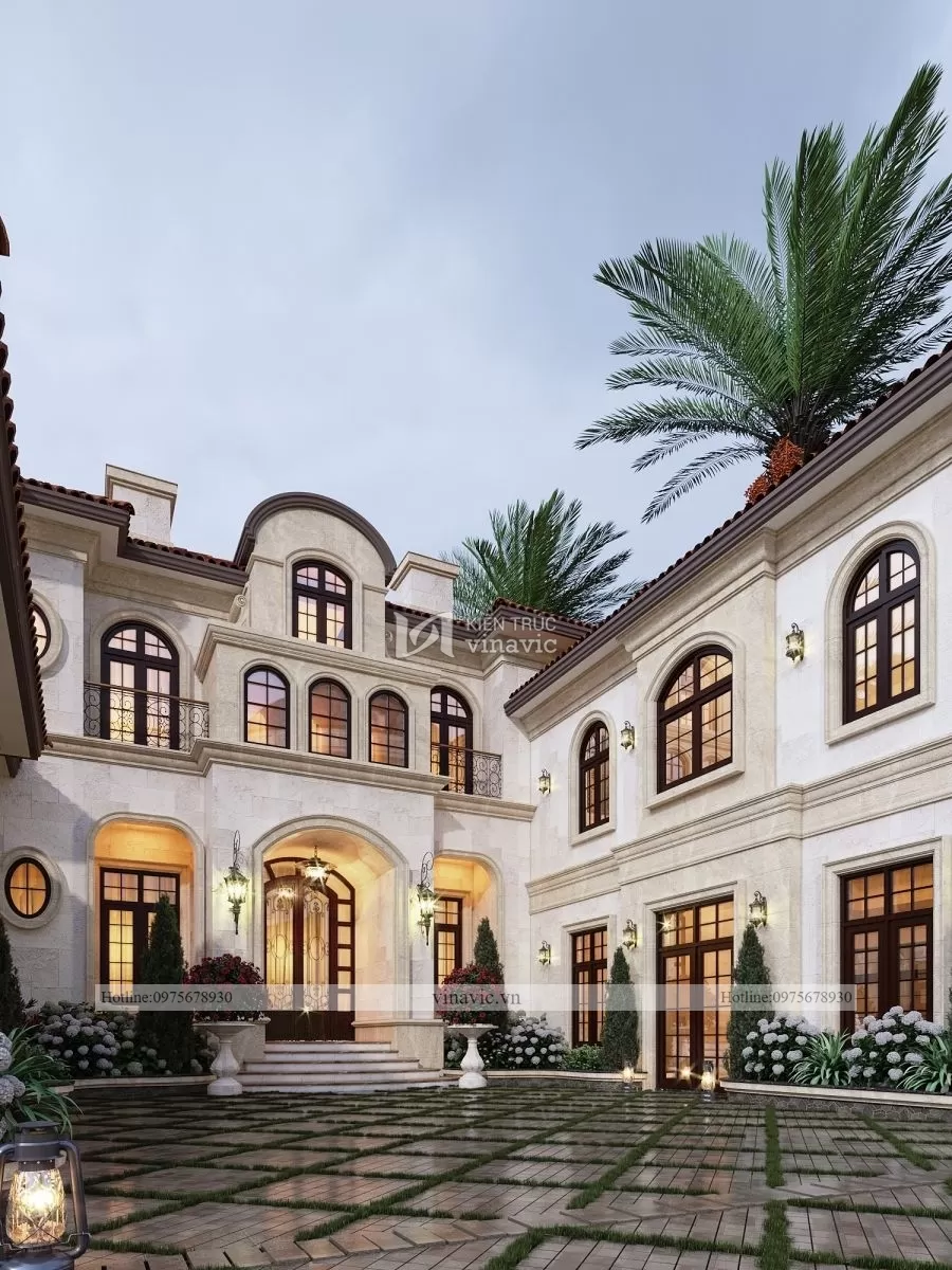 Gạch ốp sân vườn tiền sảnh chia ô bàn cờ bằng các đường cỏ 