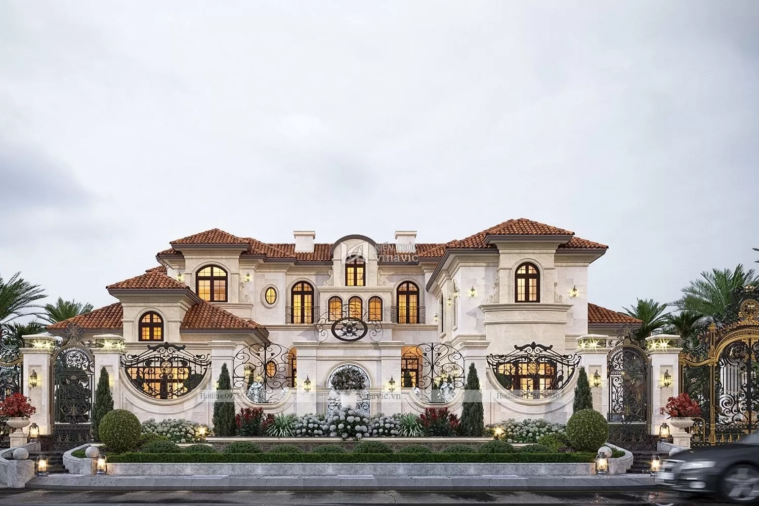 Phối cảnh mặt tiền nhà Địa Trung Hải 2 tầng màu kem lãng mạn