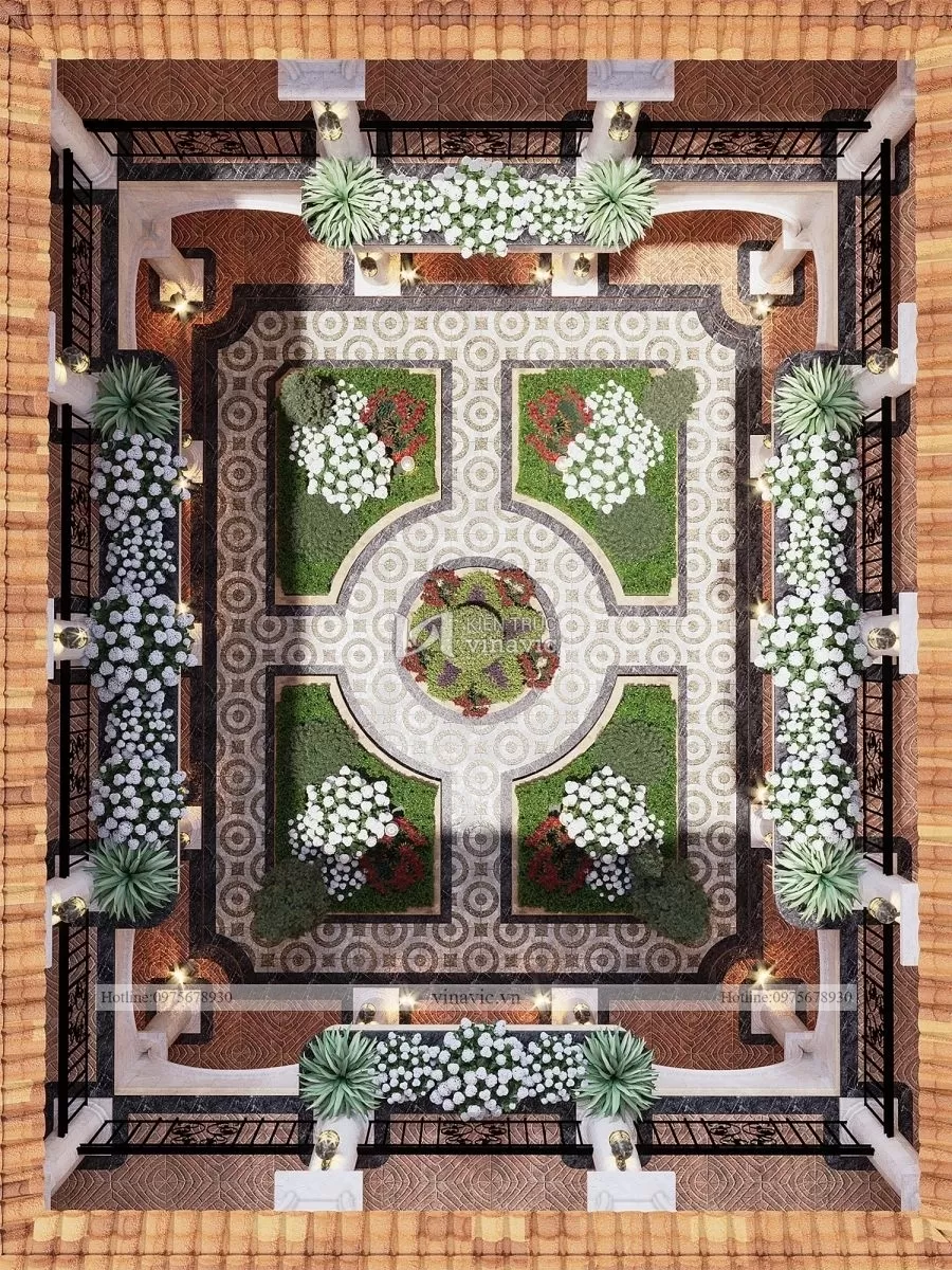 Sân trong nhà được trang trí hoa và ốp gạch đẹp đẳng cấp