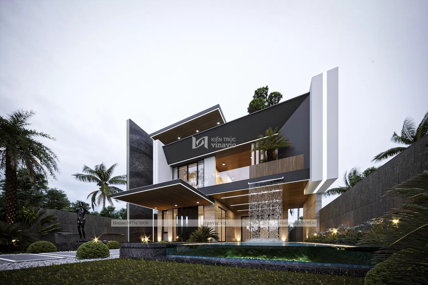 Phối cảnh ngoại thất biệt thự hiện đại mái bằng 3 tầng