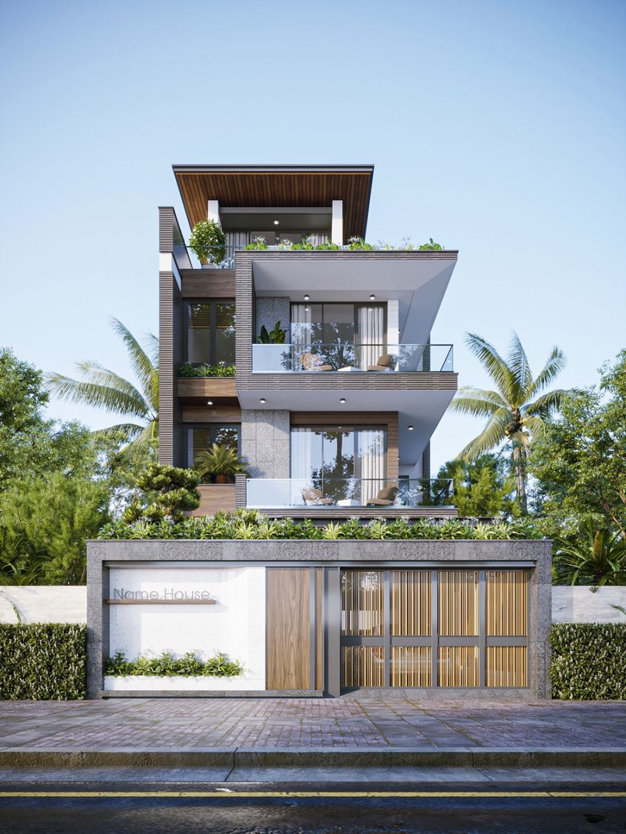 Phối cảnh ngoại thất thiết kế biệt thự mái nhật 3 tầng 1 tum