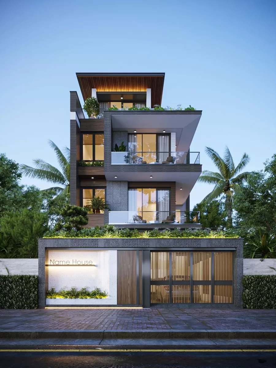 Bản vẽ mặt bằng tầng 1 nhà 7x15m có gara, bố trí thang áp sát tường, không gian phòng khách và bếp liên thông rộng rãi, thiết kế bởi Vinavic.