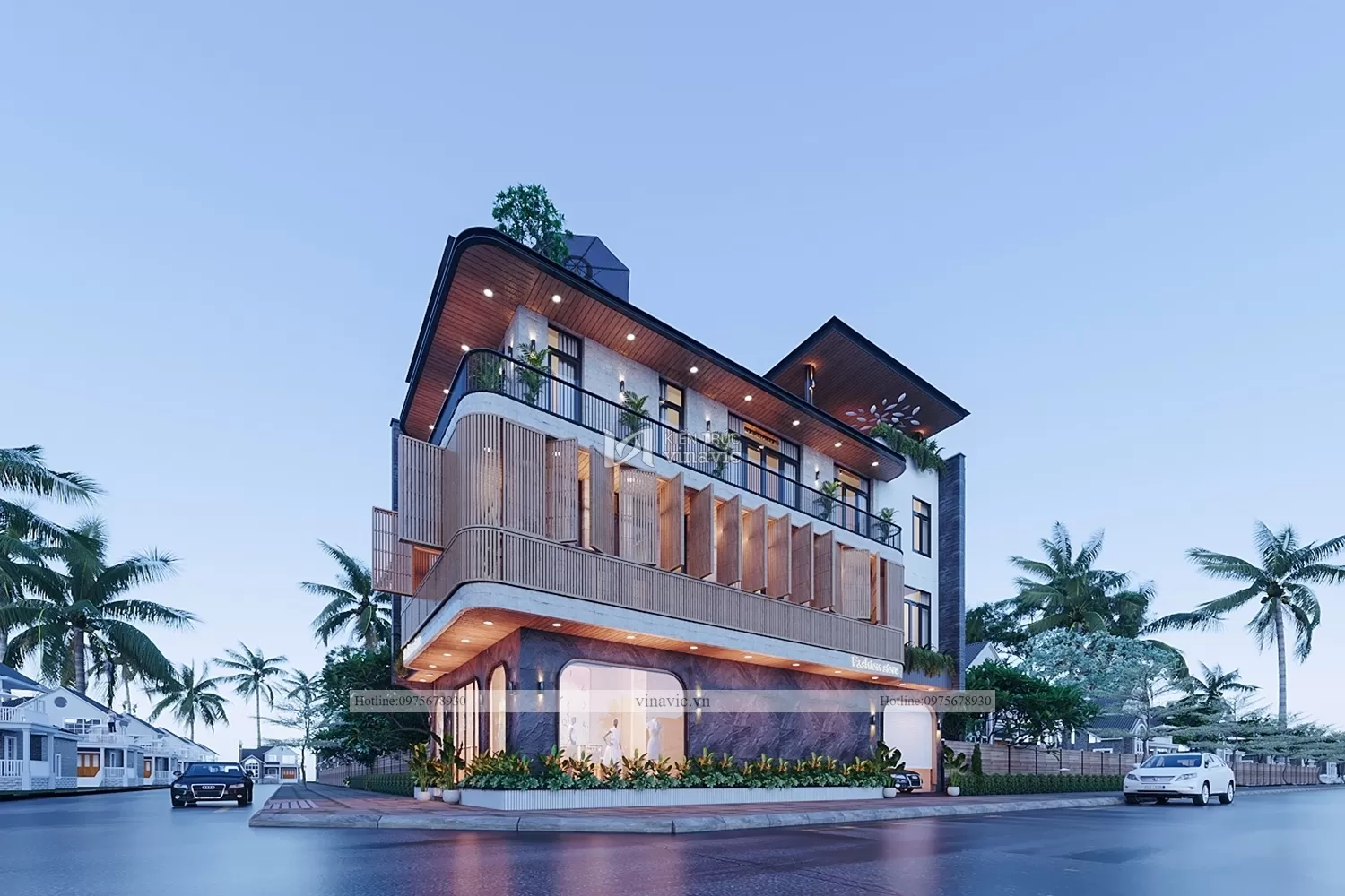 Phối cảnh mặt bên của Phối cảnh mẫu biệt thự 3 tầng 1 tum