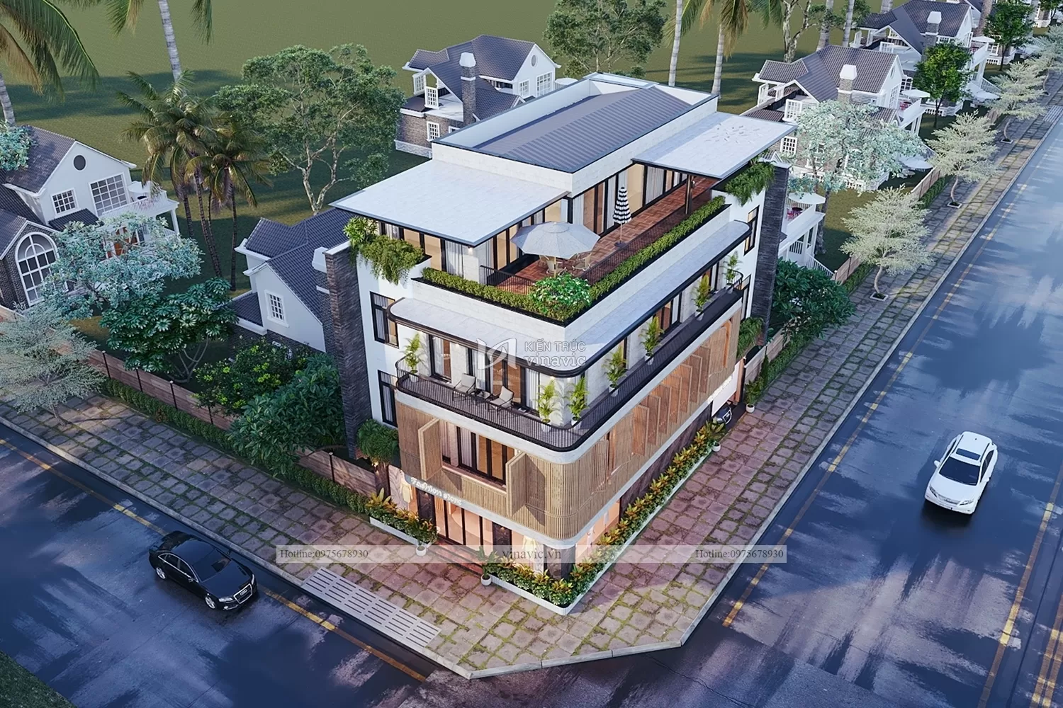 Phối cảnh trên cao mẫu biệt thự 3 tầng 1 tum