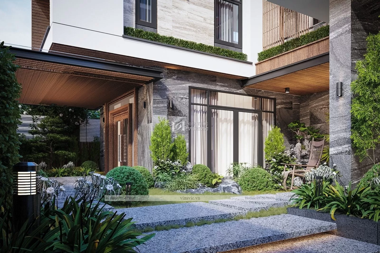 Kiến trúc của biệt thự này thể hiện sự kết hợp tinh tế giữa hiện đại và sự nhẹ nhàng