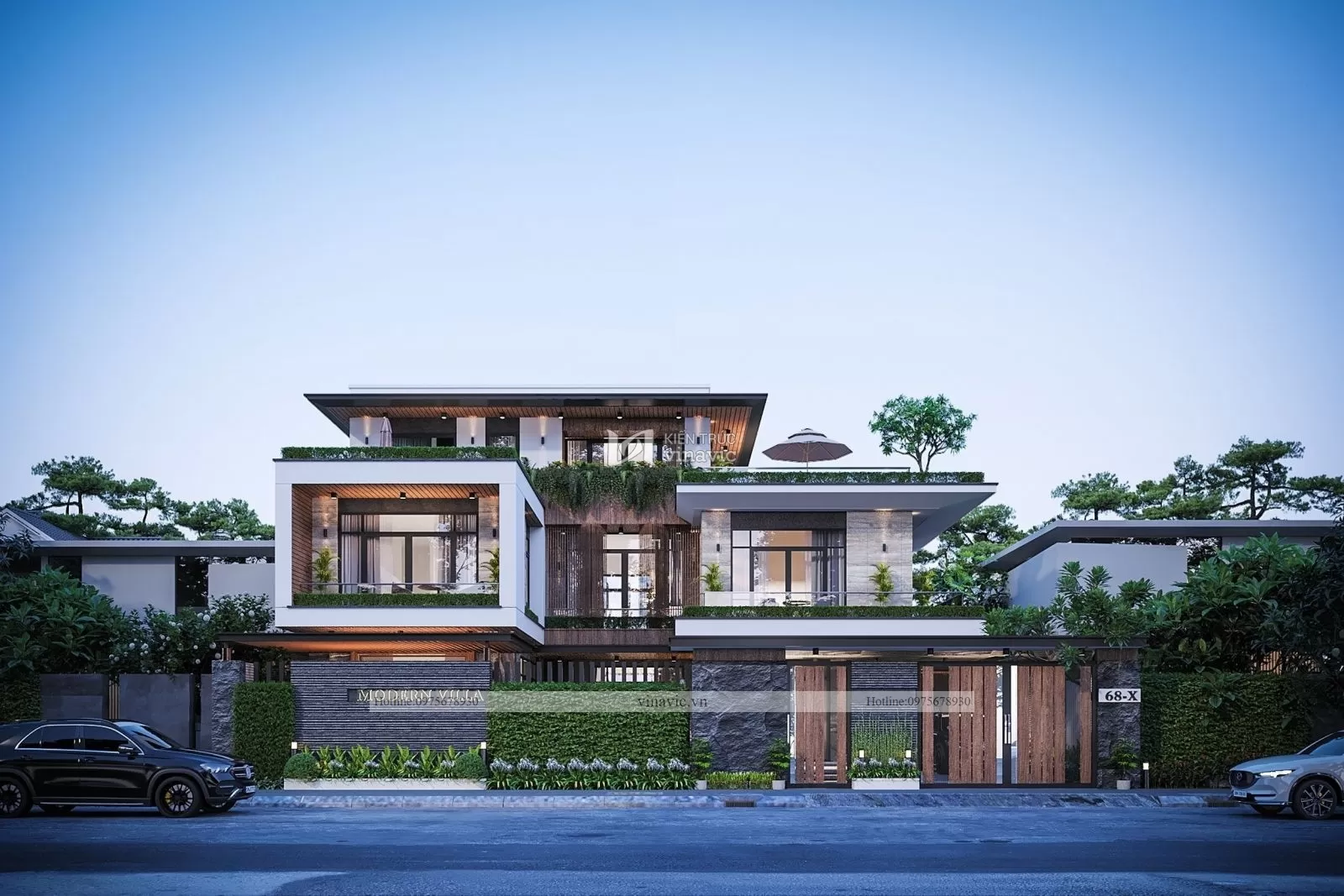 Mặt tiền của mẫu biệt thự hiện đại 2 tầng 1 tum đẹp đẳng cấp