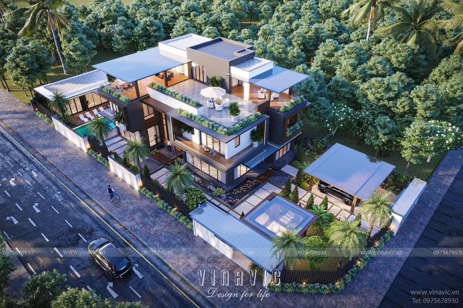 Thiết kế biệt thự 3 tầng 4 phòng ngủ hiện đại 420m2 (28mx15m)