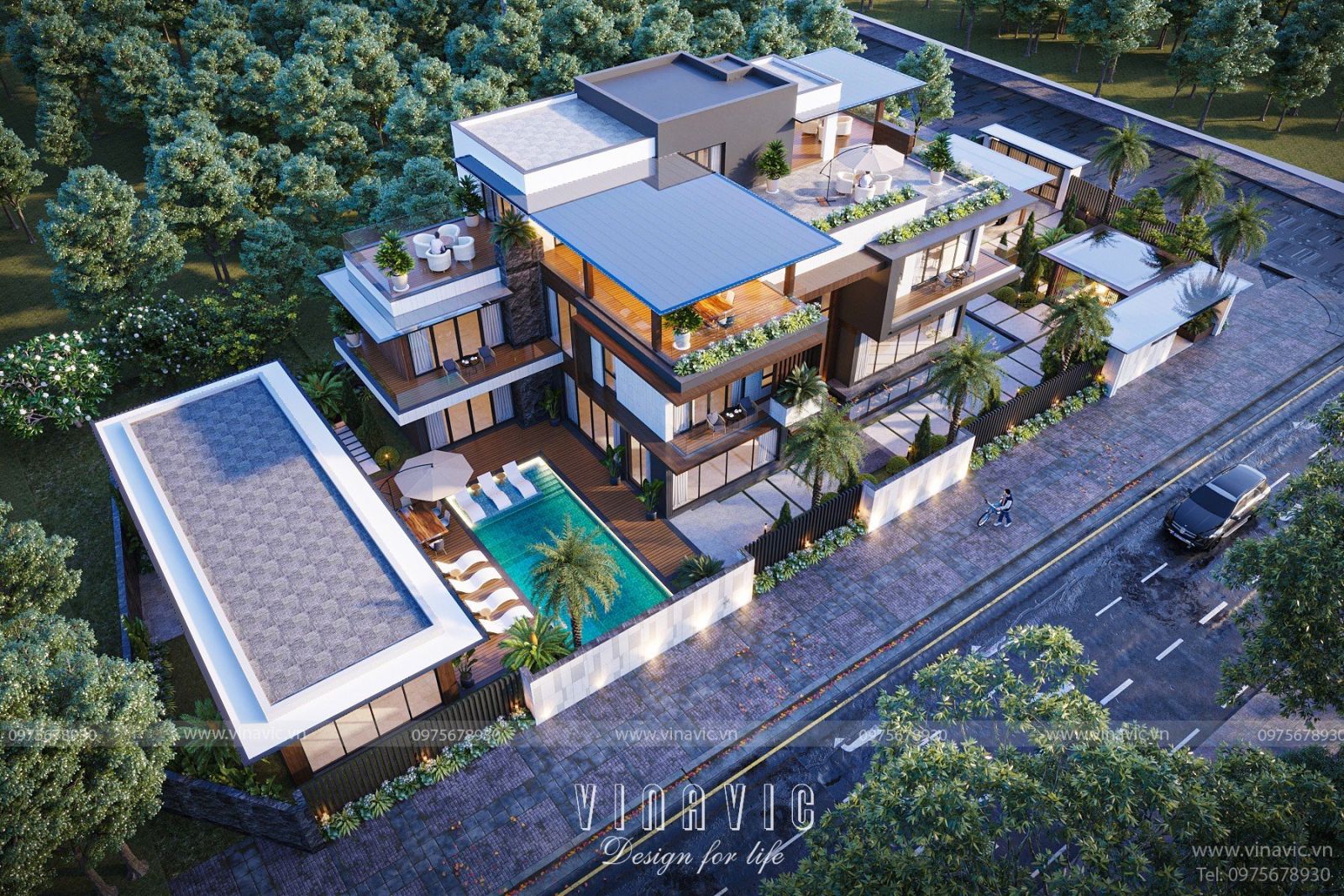 Phối cảnh từ trên cao của mẫu biệt thự hiện đại