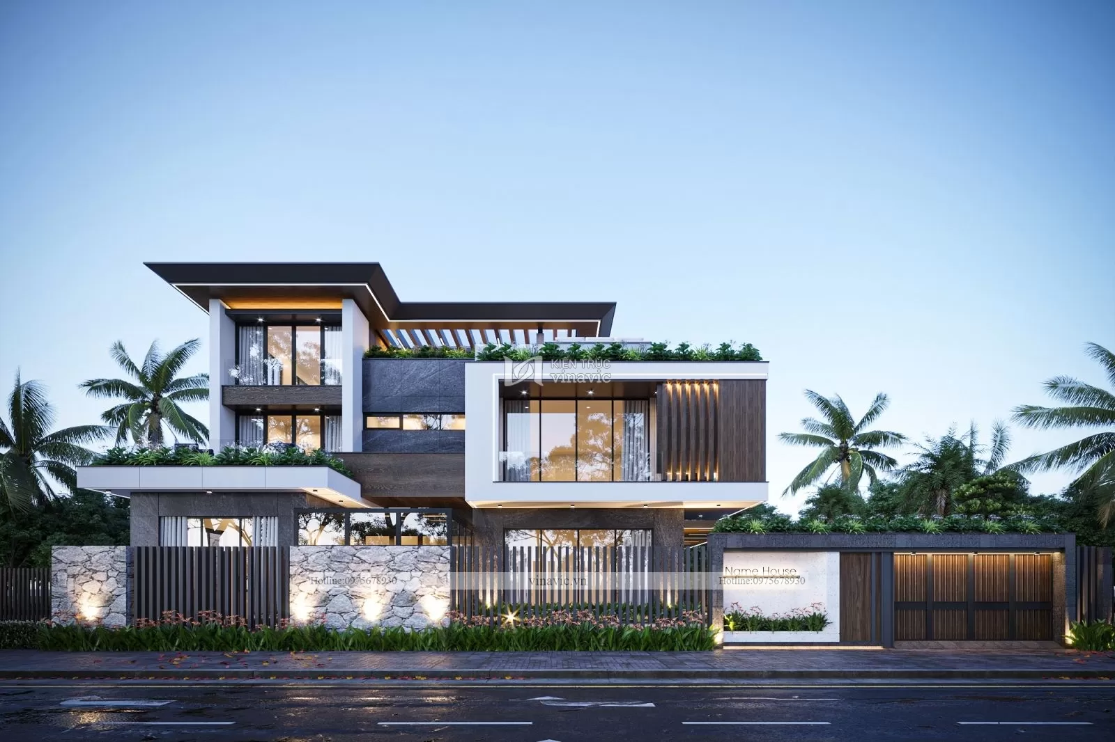 Phối cảnh mặt tiền biệt thự 3 tầng hiện đại