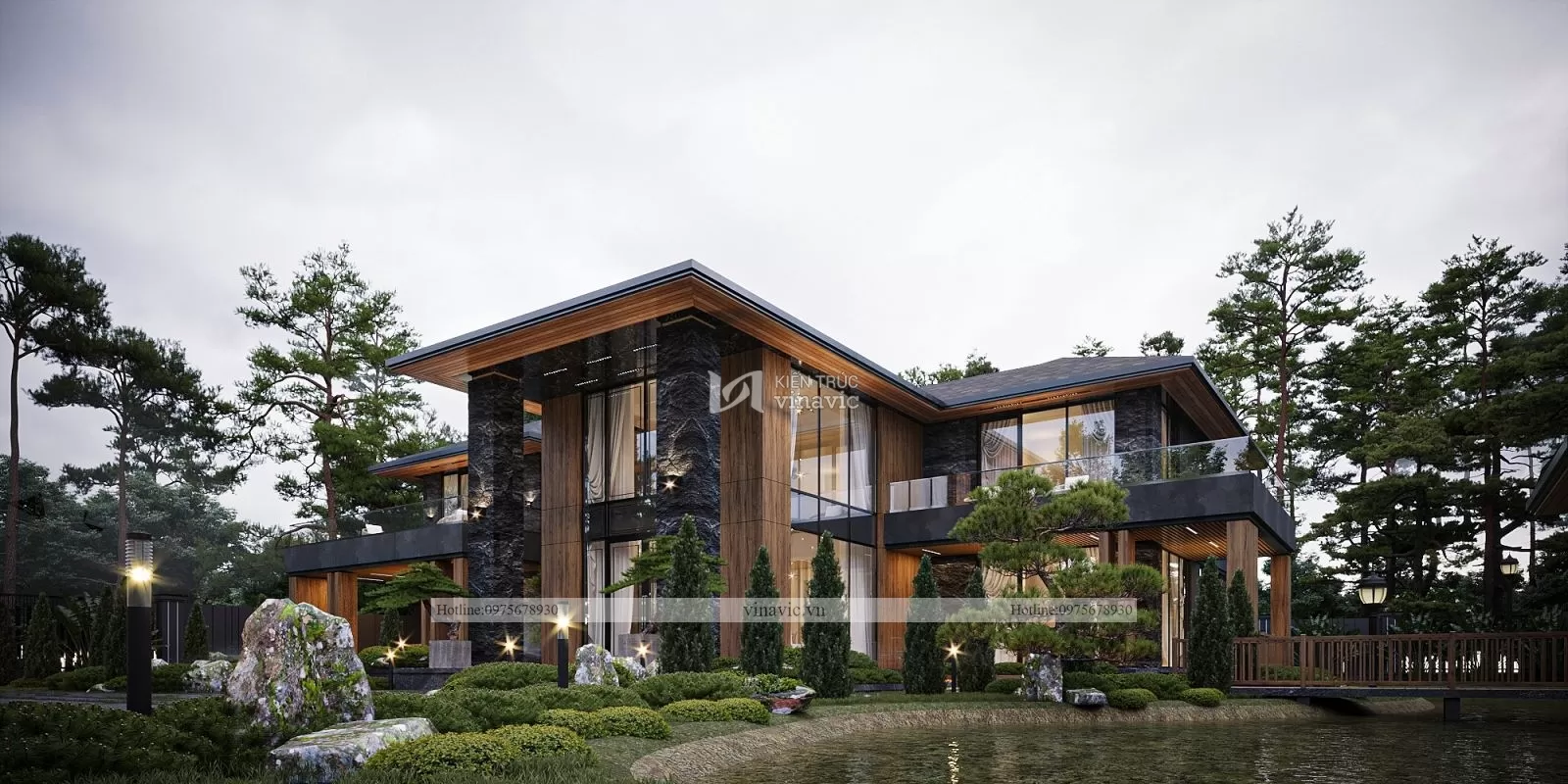 Phối cảnh góc nghiêng mặt tiền biệt thự 2 tầng mái nhật 3 phòng ngủ