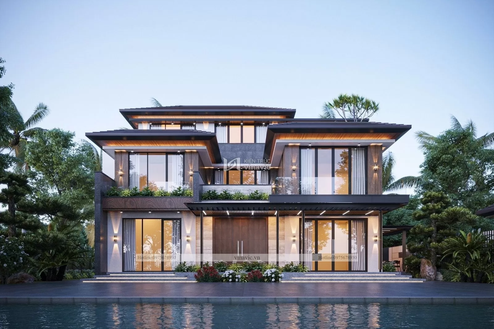 Góc nhìn chính diện Phối cảnh biệt thự nhà vườn mái nhật