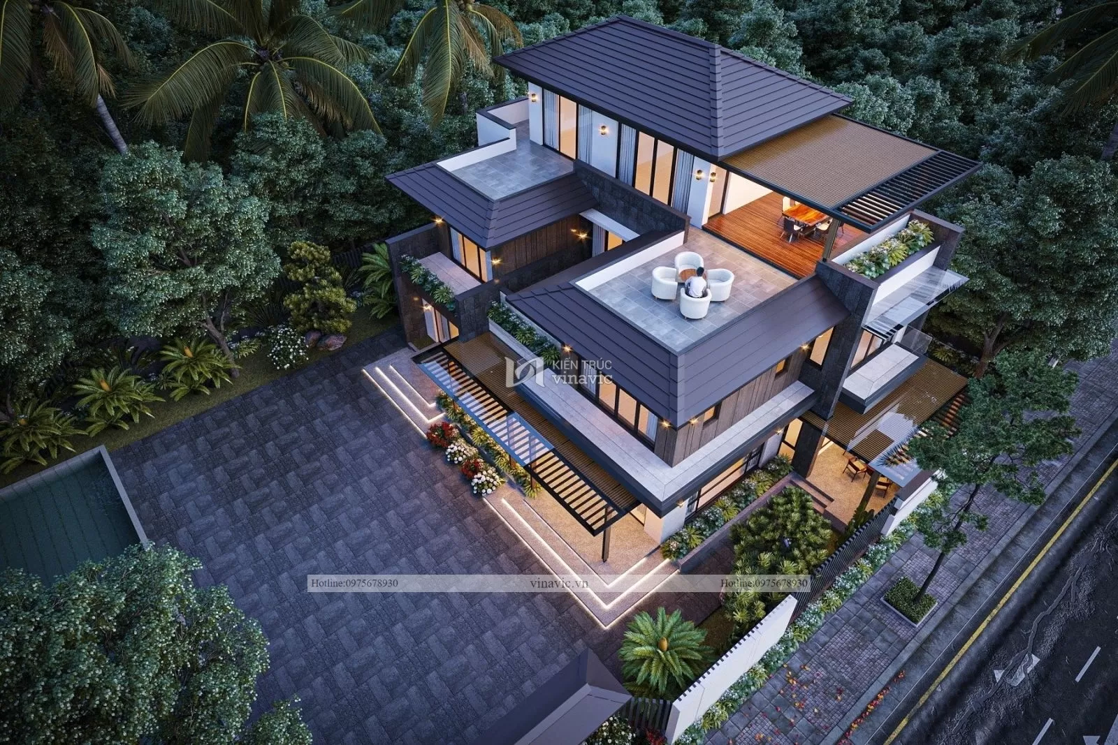 Phối cảnh từ trên cao Góc nhìn chính diện biệt thự hiện đại mái nhật