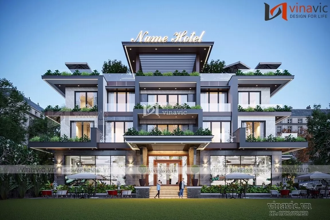 Phối cảnh thiết kế khách sạn hiện đại 3 tầng 1 tum