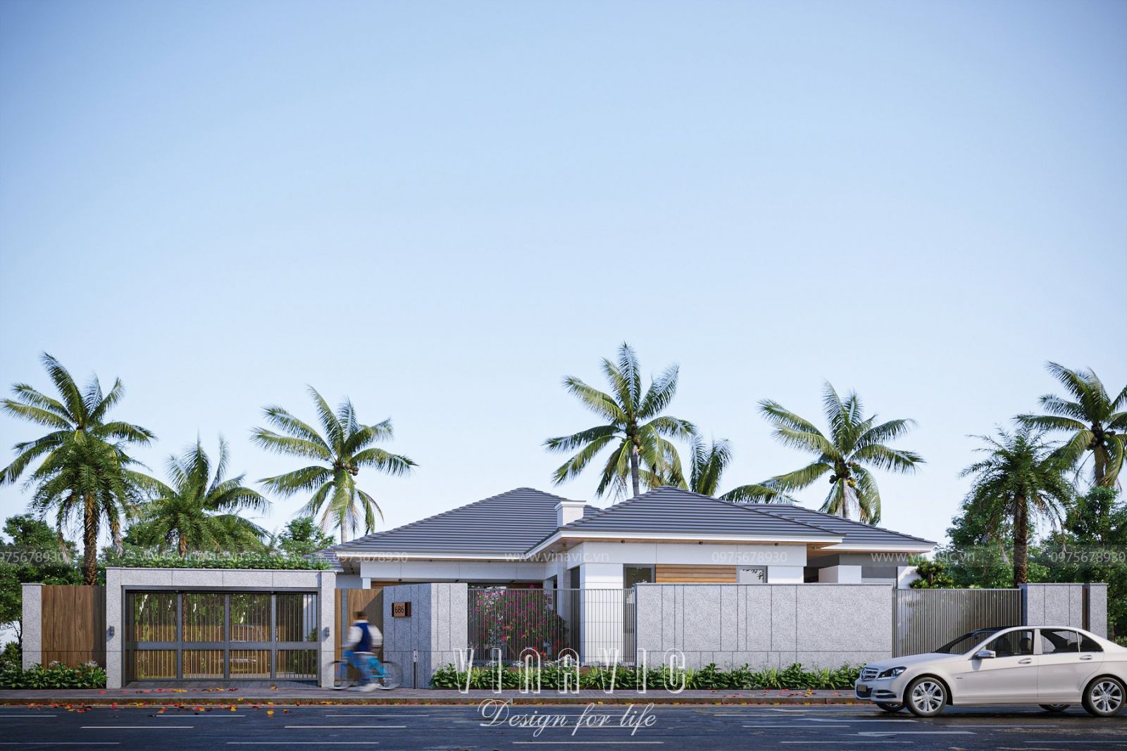 Phối cảnh mặt tiền biệt thự 1 tầng mái Nhật