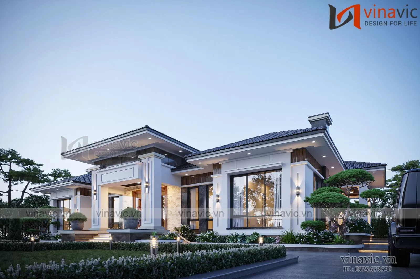 Phối cảnh biệt thự 1 tầng 4 phòng ngủ hiện đại diện tích 440m2 (22x20m)