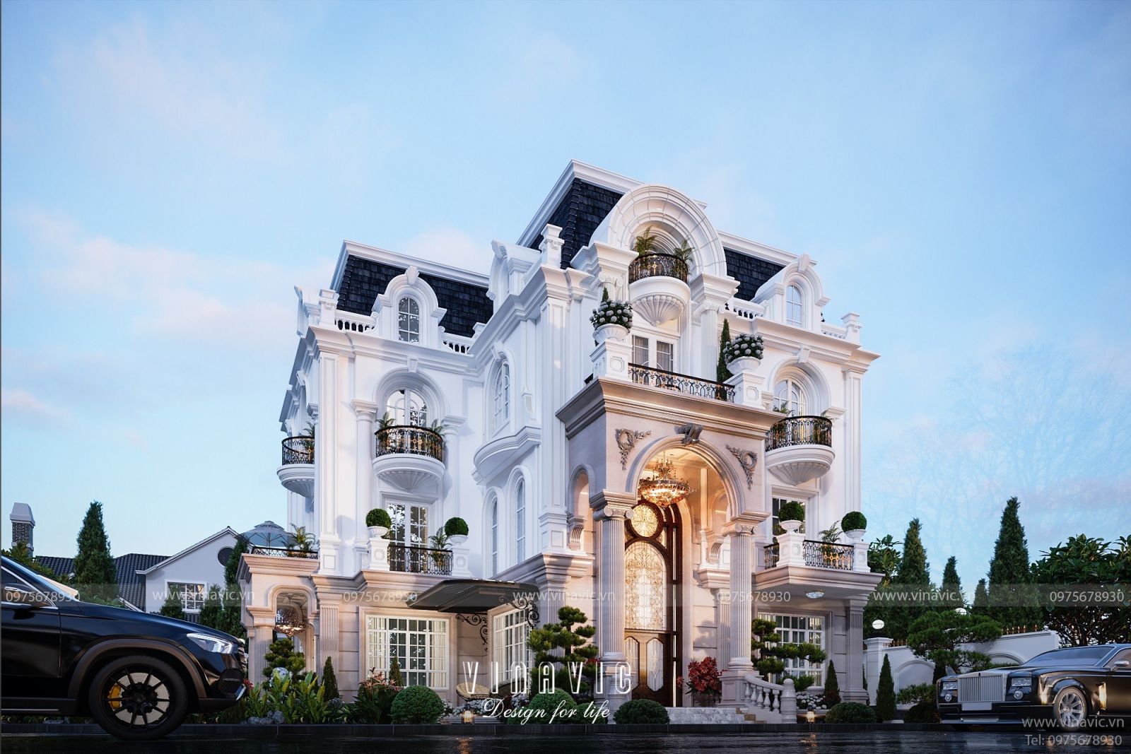 Phối cảnh góc nghiêng biệt thự 3 tầng 5 phòng ngủ tân cổ điển BT2276