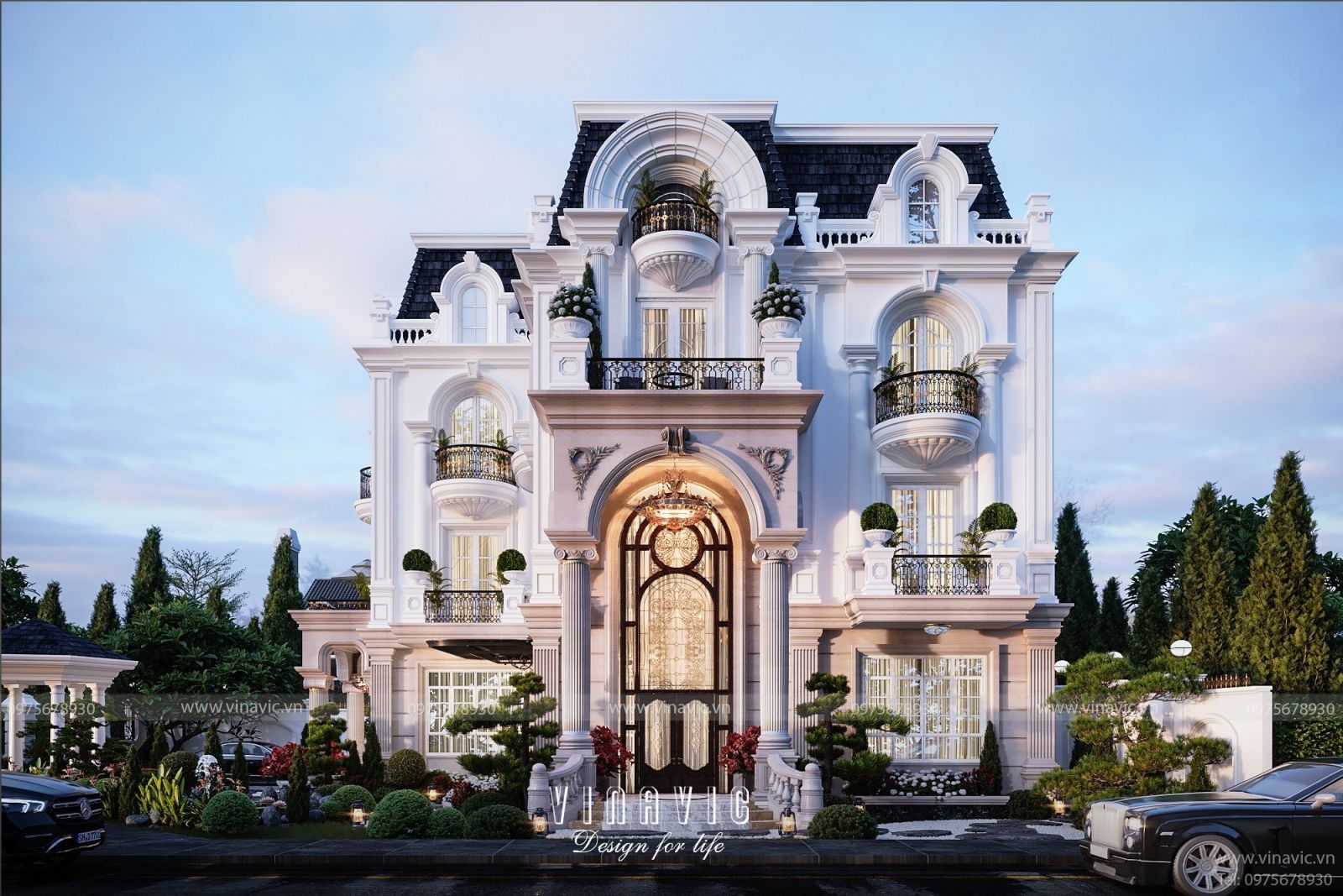 Hình ảnh 3D mặt tiền biệt thự 3 tầng 5 phòng ngủ tân cổ điển BT2276