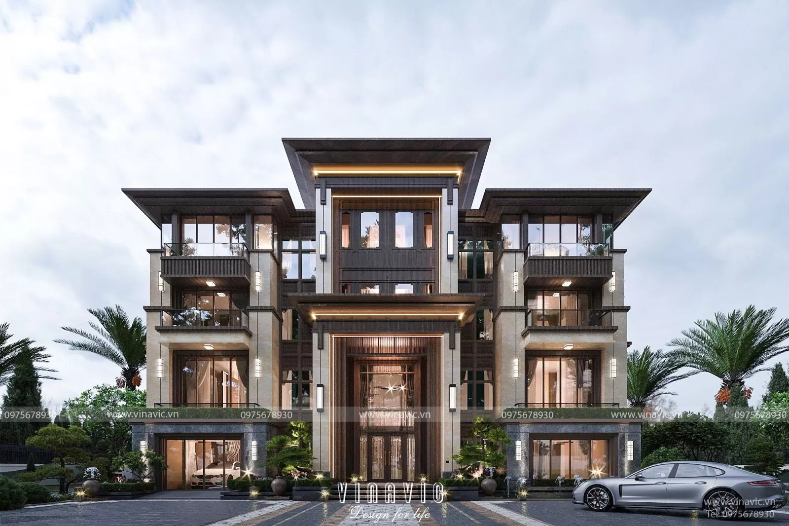 Góc phối cảnh mặt tiền biệt thự trệt hiện đại 3 tầng mái bằng BT2277