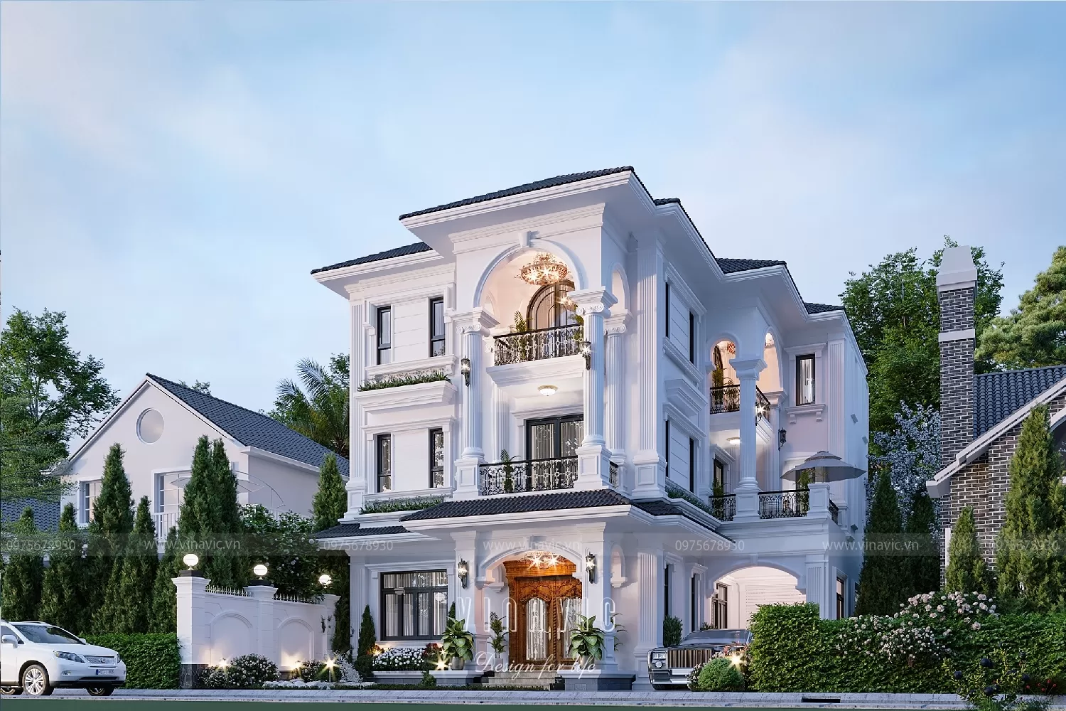 Biệt thự mái Nhật đẹp tân cổ điển mang đậm nét kiến trúc của Châu Âu, với những đường nét hoa văn, họa tiết tinh xảo