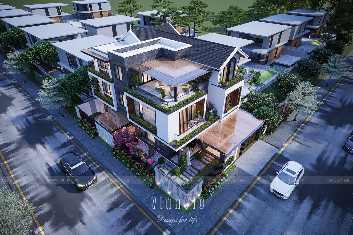 Mẫu biệt thự hiện đại mái thái 3 tầng 135m2 (9.7mx14m) BT2281