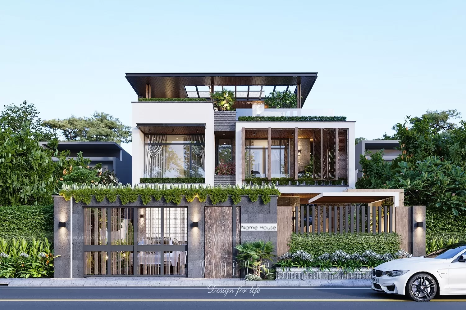Mẫu biệt thự phố mặt tiền 9m hiện đại mái bằng 145m2 BT2287