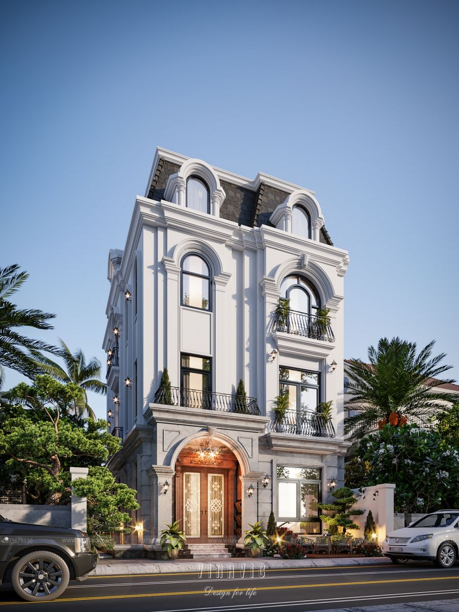 Dựng cảnh 3D góc trái biệt thự tân cổ điển 3 tầng 1 hầm BT2289