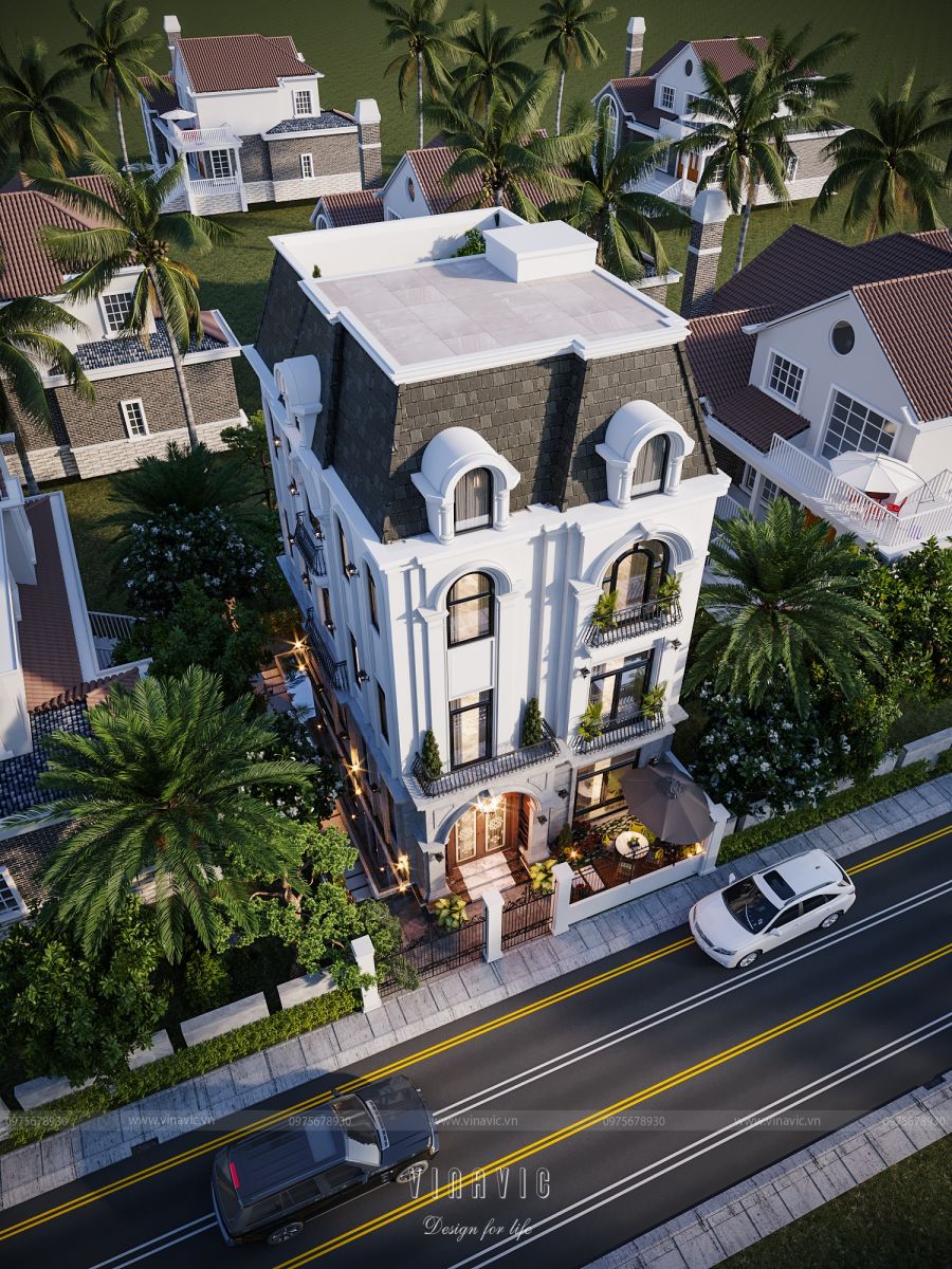 Toàn cảnh căn biệt thự 3 tầng tân cổ điển mái Mansard từ trên cao